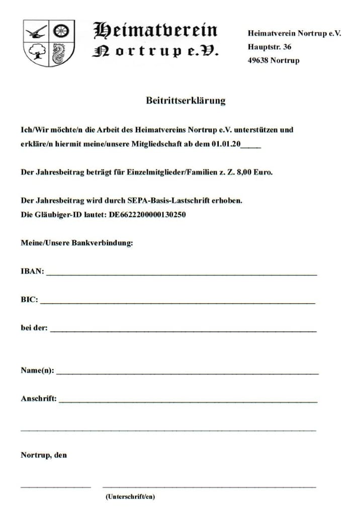 Beitrittserklärung des Heimatvereins von 2018.