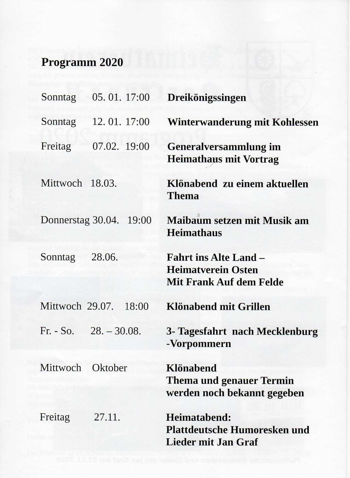 Innenseite „Programm 2020“ mit allen Terminen des Jahres.