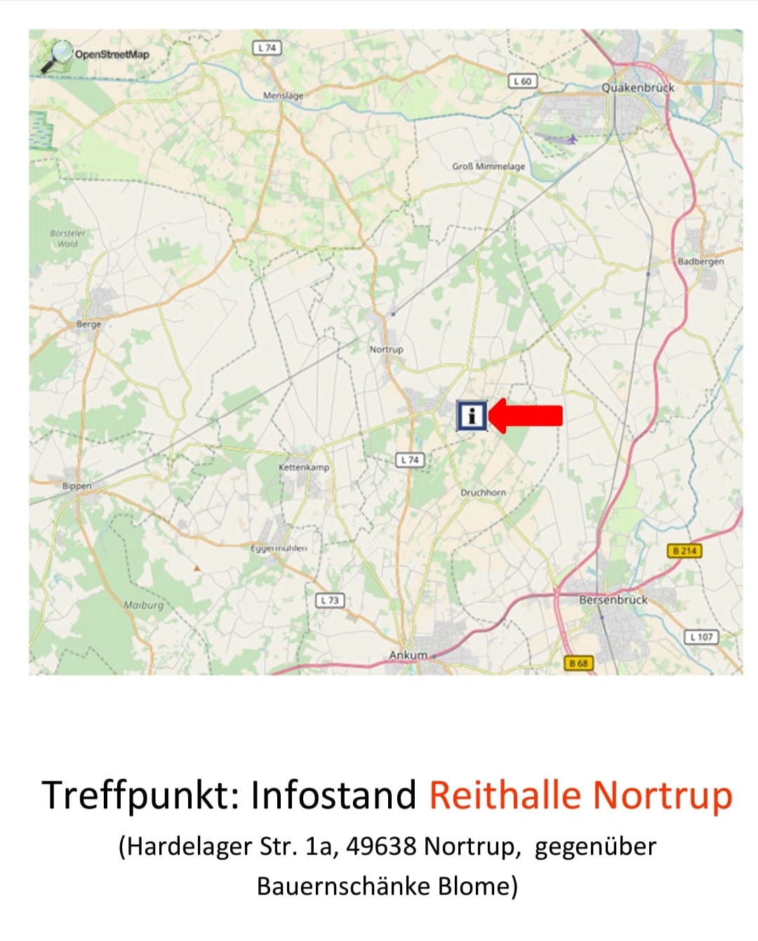 Kartenausschnitt mit Pfeil zum Treffpunkt Infostand Reithalle Nortrup, Hardelager Str. 1a.