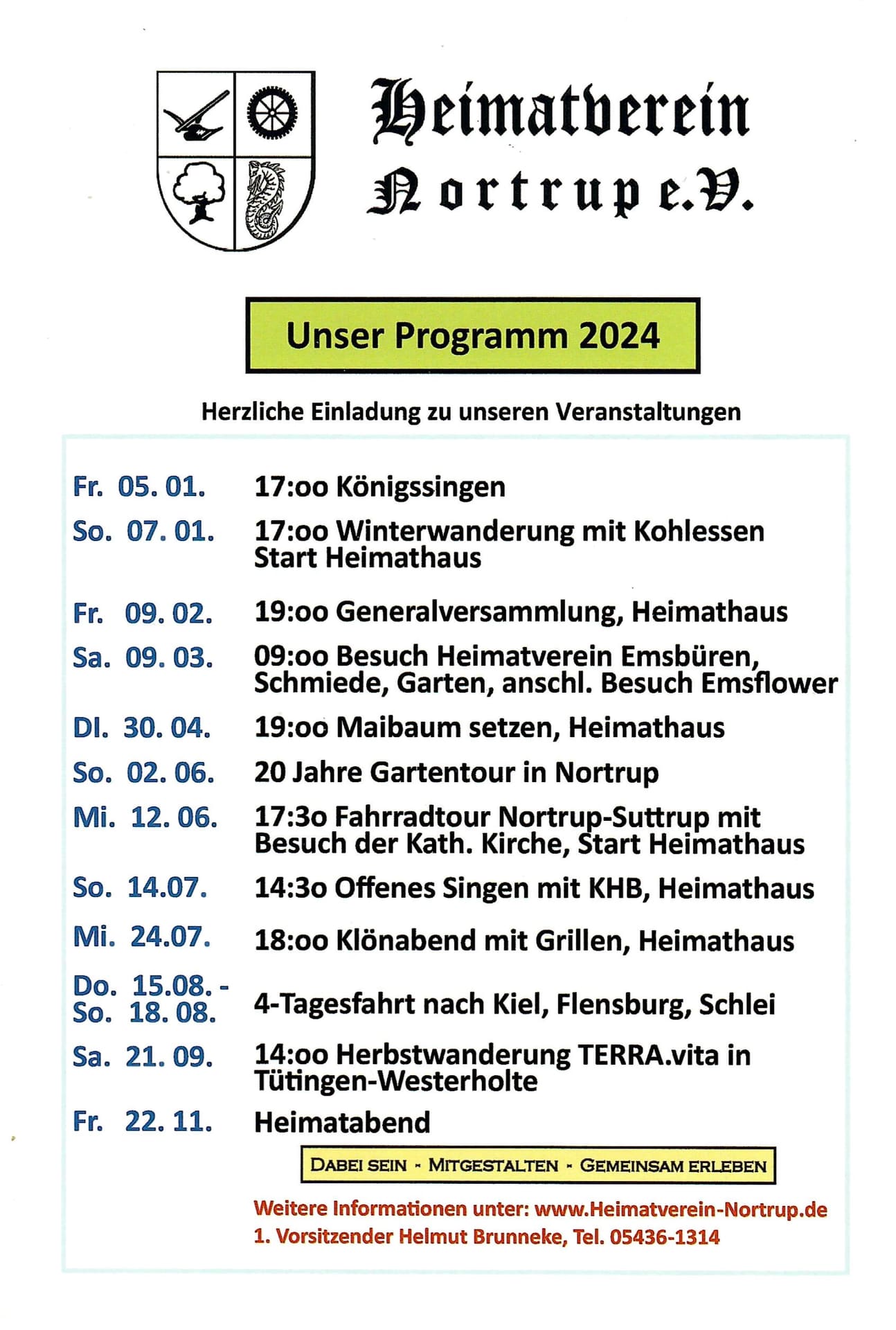 Gedrucktes Programmblatt „Unser Programm 2024“ mit allen Terminen.