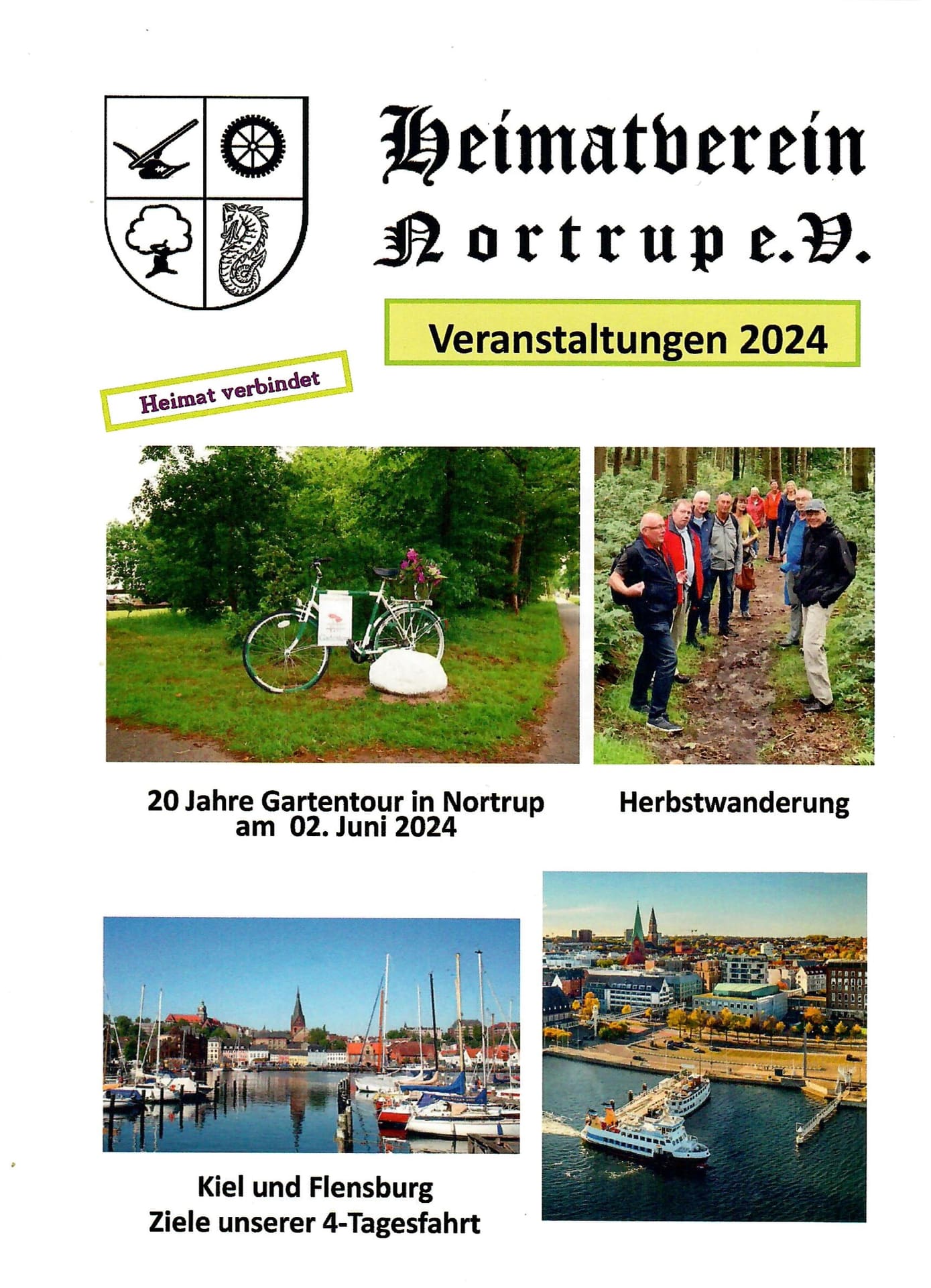 Rückseite des Flyers „Veranstaltungen 2024“ mit Fotos von Gartentour, Herbstwanderung, Kiel und Flensburg.